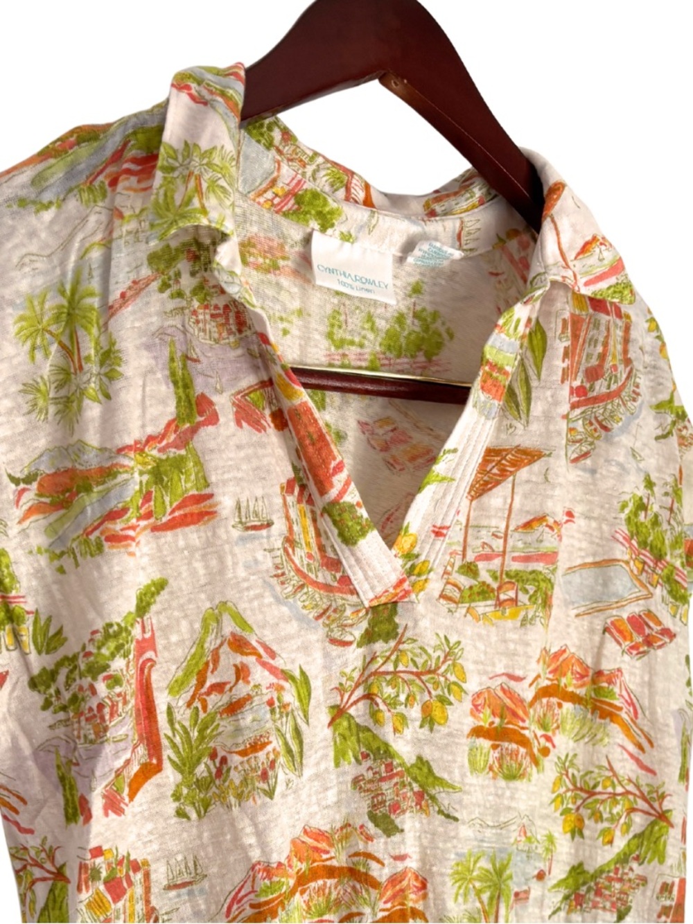 Cynthia Rowley Cream 100% Linen Top with retro Mediterranean Scenic Print
